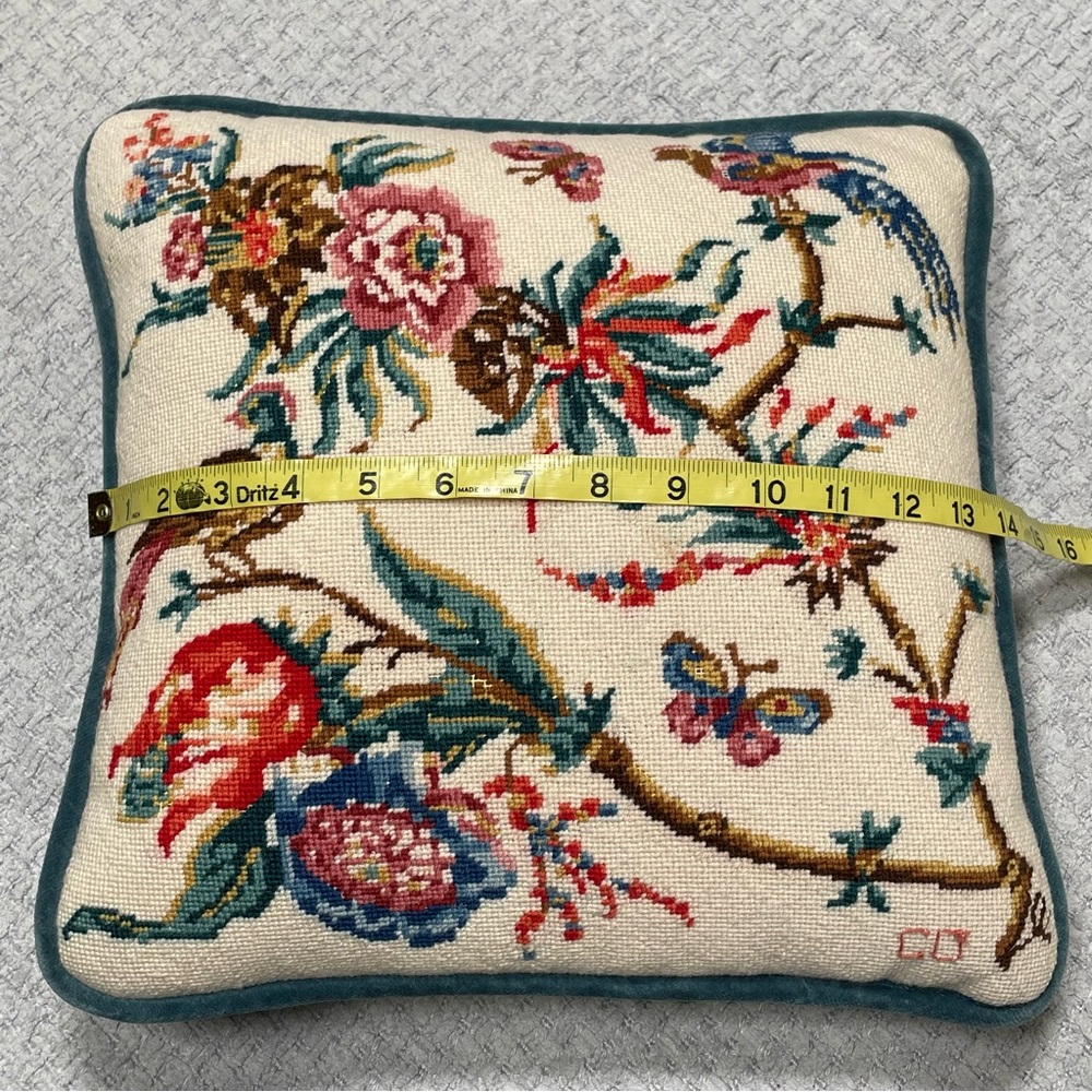 Cottagecore Floral Birds Embroidered Velvet Pillow Decor Tapestry Cream Blue - Picture 7 of 8